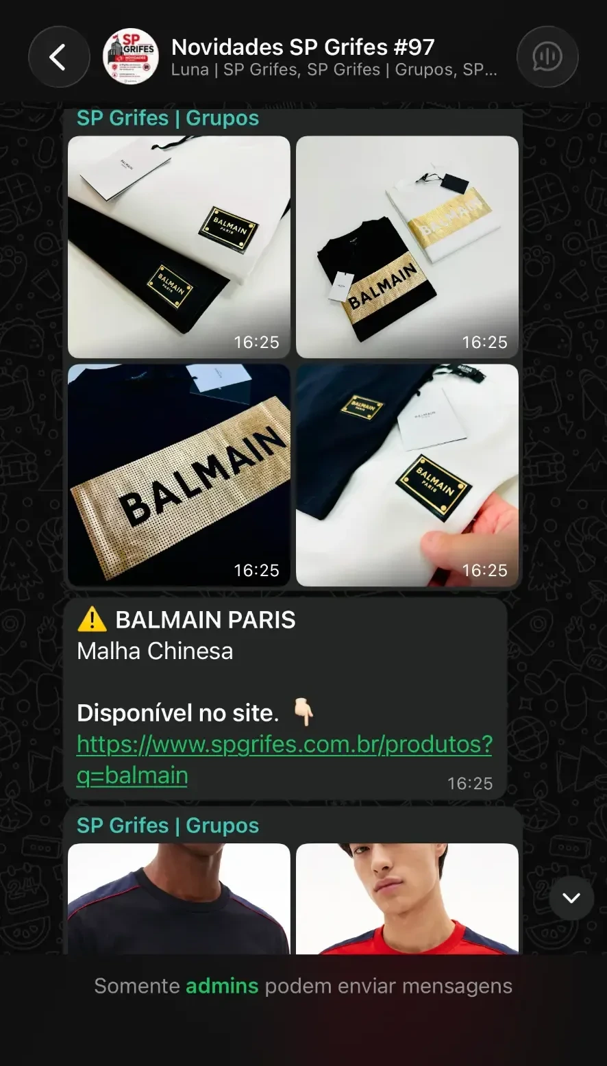 Print de novidades enviadas no grupo VIP da SP Grifes no WhatsApp