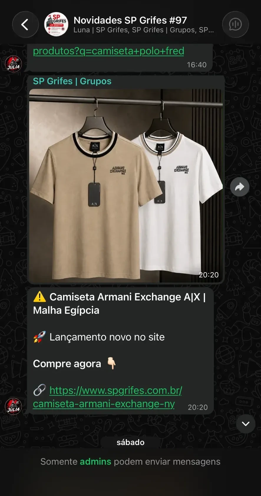 Print de novidades enviadas no grupo VIP da SP Grifes no WhatsApp