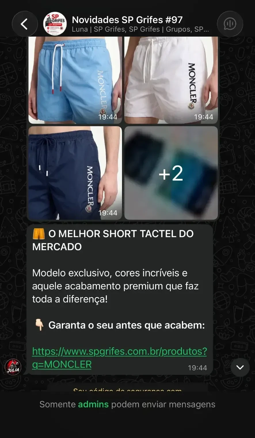 Print de novidades enviadas no grupo VIP da SP Grifes no WhatsApp