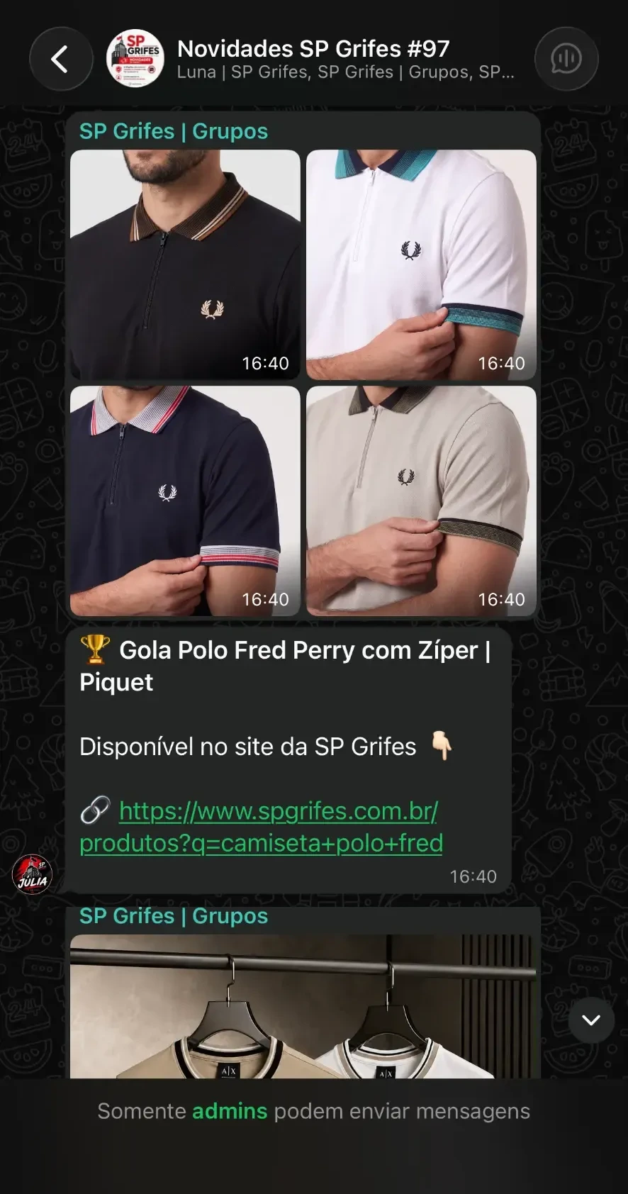 Print de novidades enviadas no grupo VIP da SP Grifes no WhatsApp