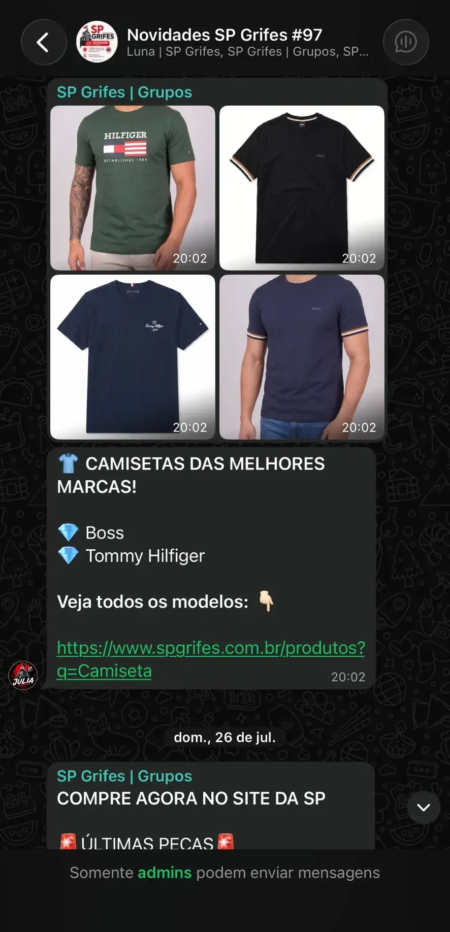 Print de novidades enviadas no grupo VIP da SP Grifes no WhatsApp