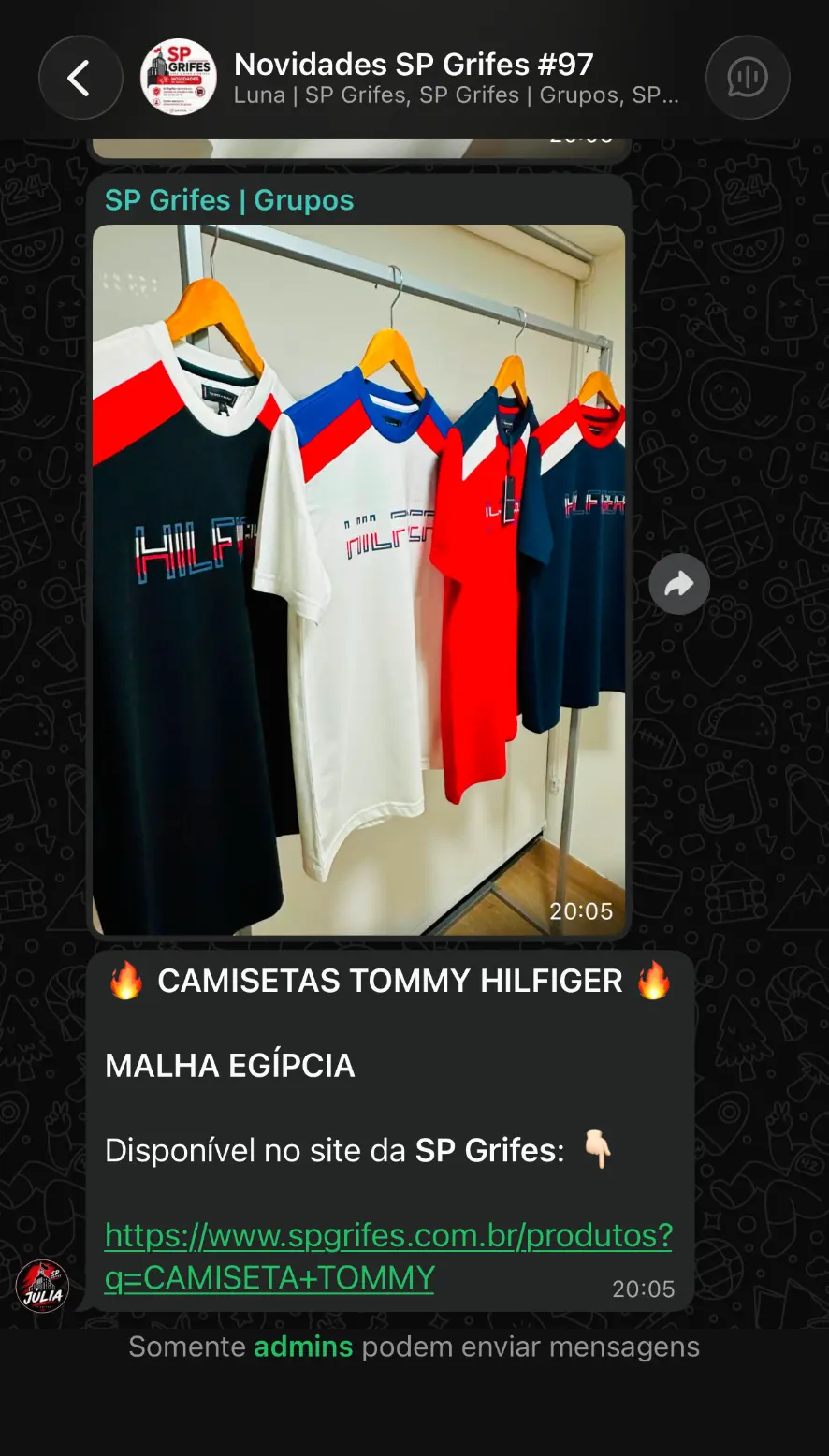 Print de novidades enviadas no grupo VIP da SP Grifes no WhatsApp