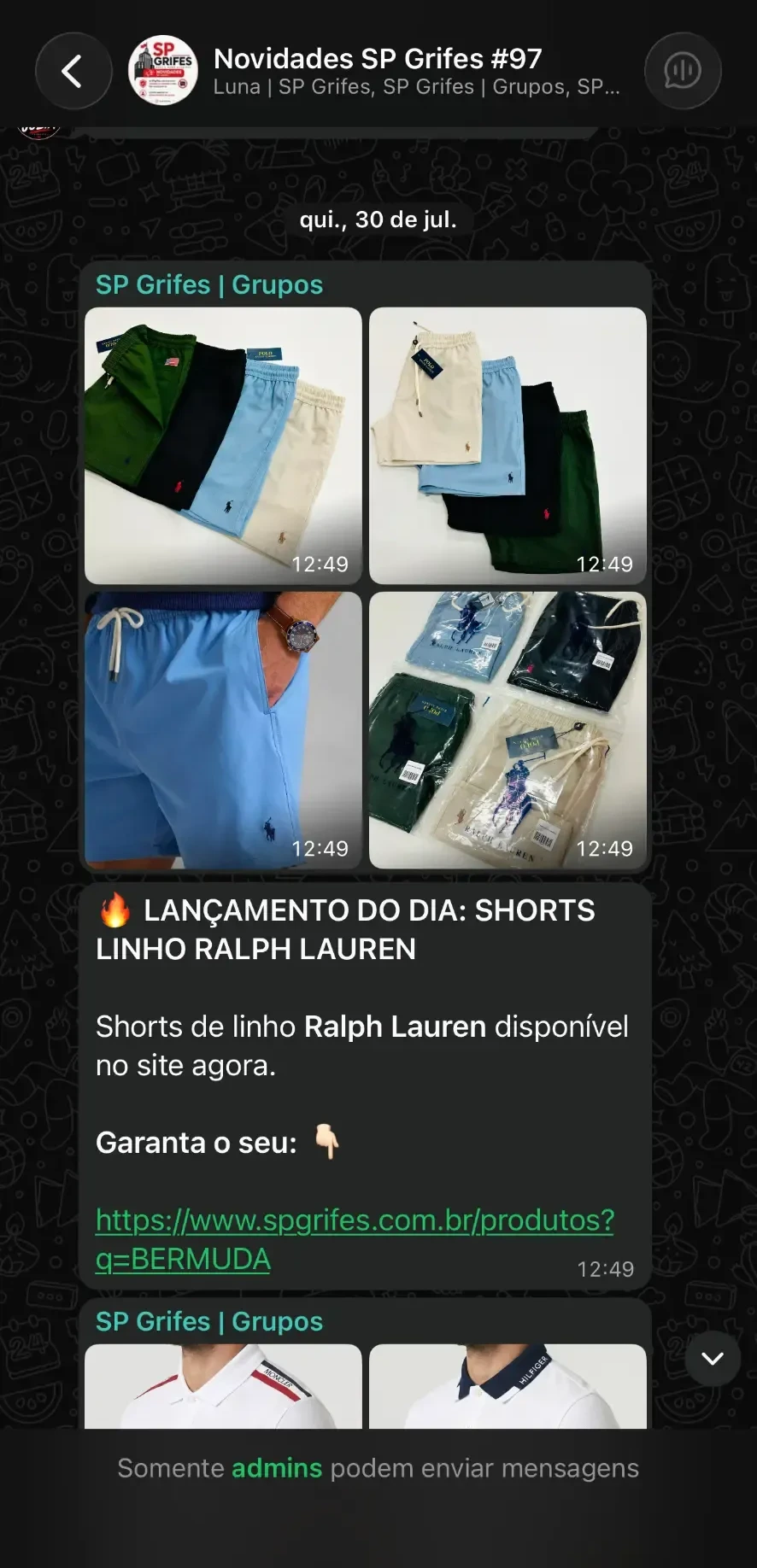 Print de novidades enviadas no grupo VIP da SP Grifes no WhatsApp