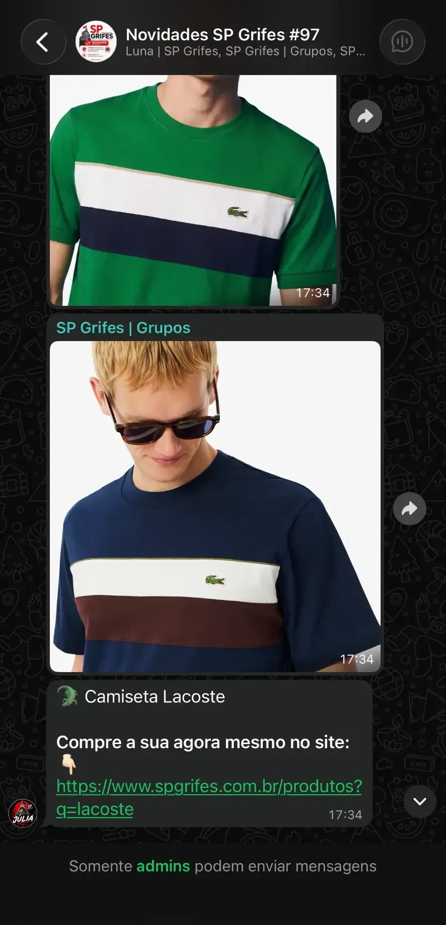 Print de novidades enviadas no grupo VIP da SP Grifes no WhatsApp