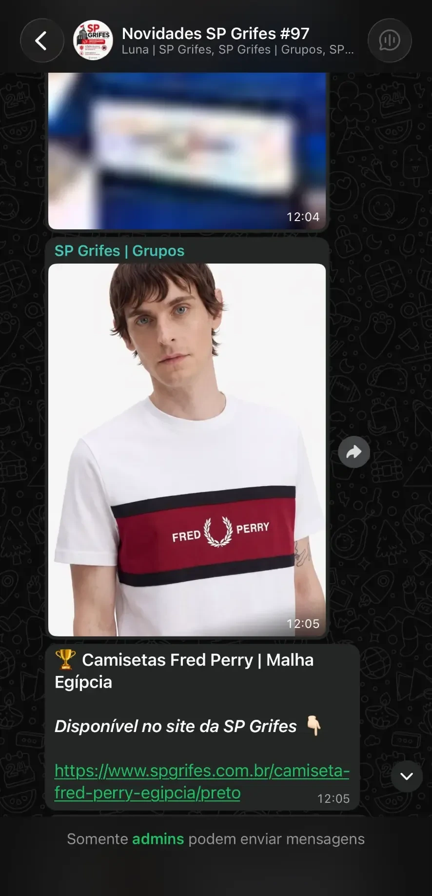 Print de novidades enviadas no grupo VIP da SP Grifes no WhatsApp