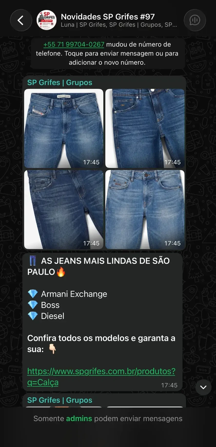 Print de novidades enviadas no grupo VIP da SP Grifes no WhatsApp