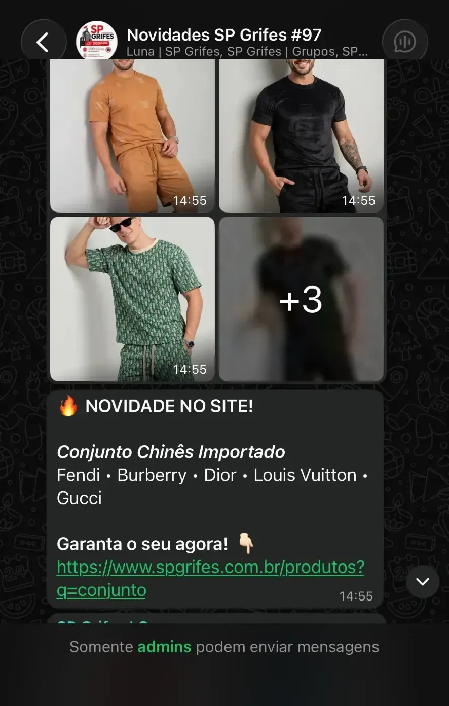 Print de novidades enviadas no grupo VIP da SP Grifes no WhatsApp
