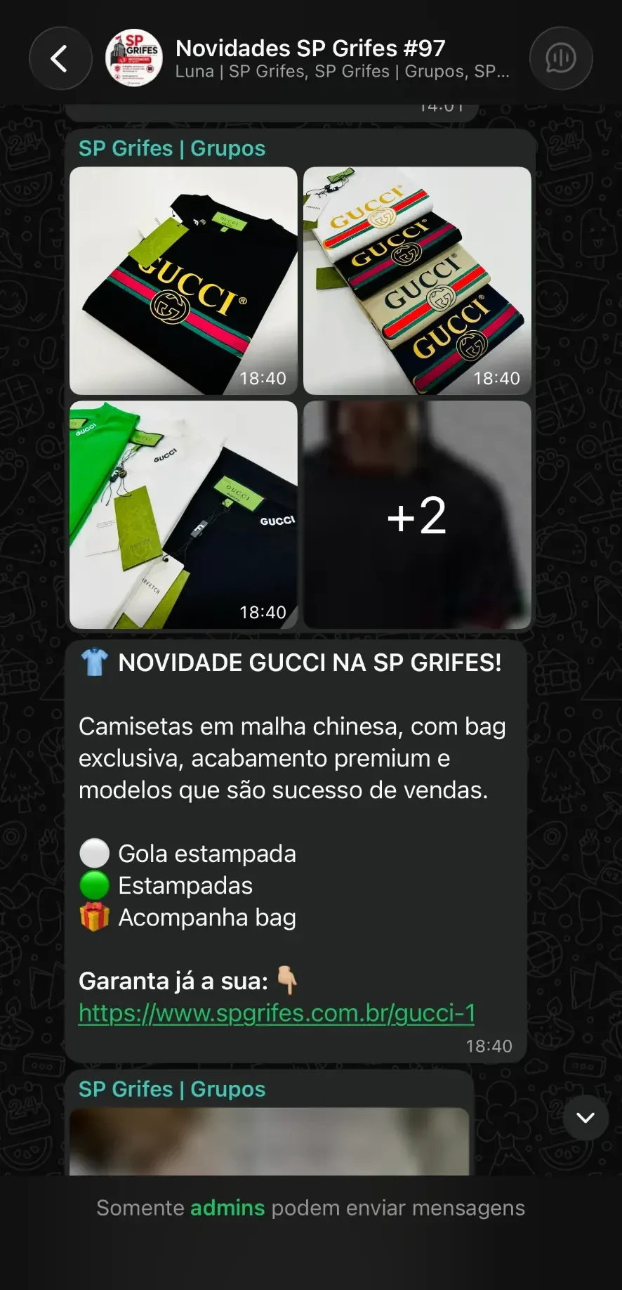 Print de novidades enviadas no grupo VIP da SP Grifes no WhatsApp